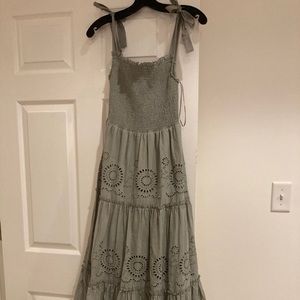 ZARA Openwork Embroidered Smock Dress Khaki Green